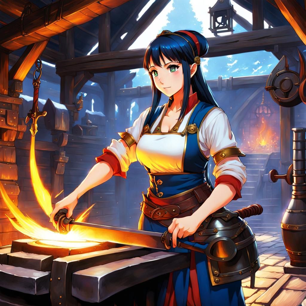 Stunning Female Dwarf Blacksmith in Anime Style