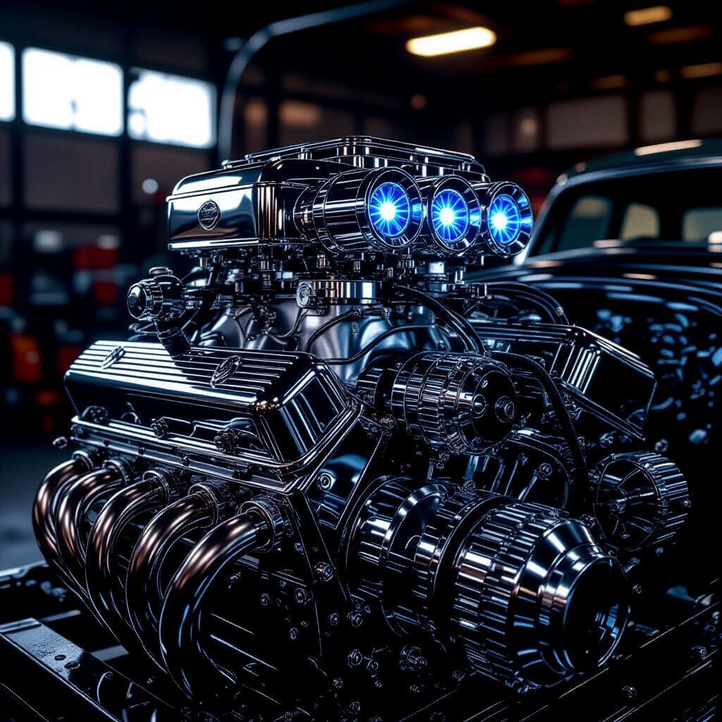 Hyperrealistic Vintage V8 Engine in Dim Garage