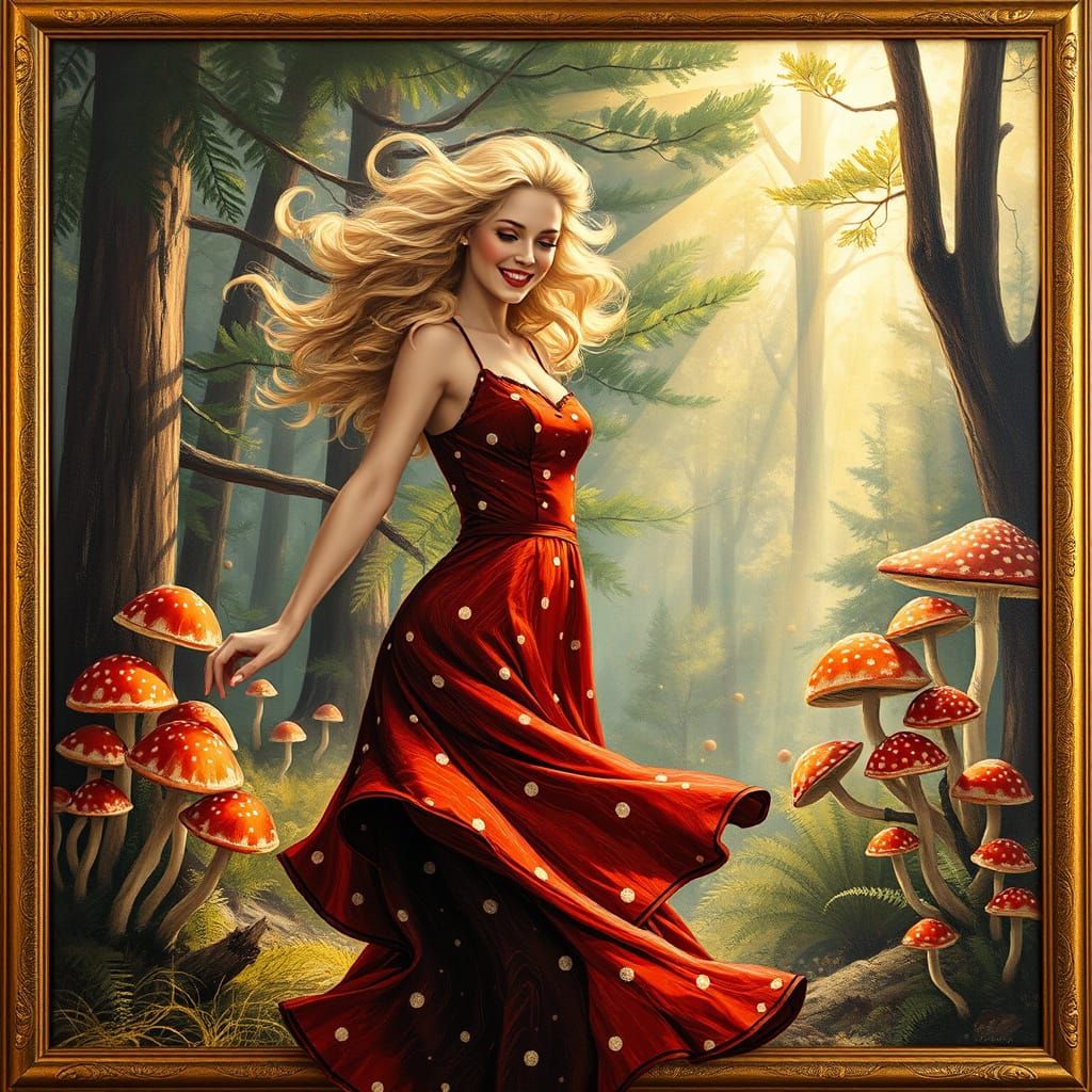 Golden Goddess Twirls in Enchanted Forest