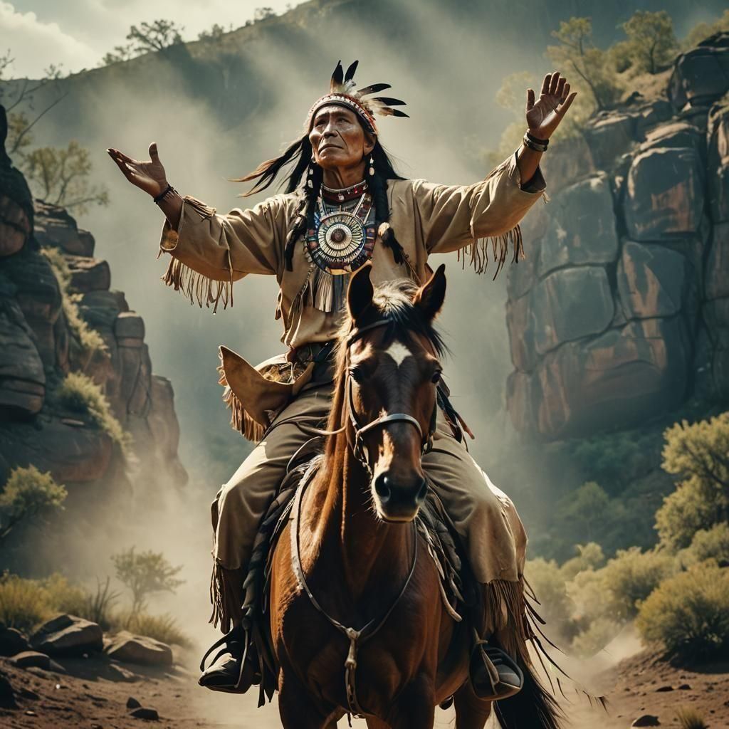 Native American on Horseback in Cinematic Style
