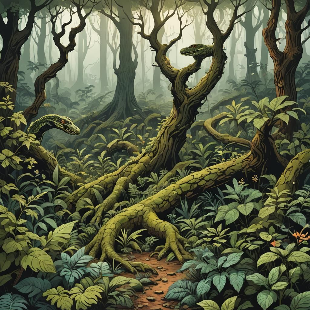 Vibrant Forest Scene in a Whimsical Wonderland