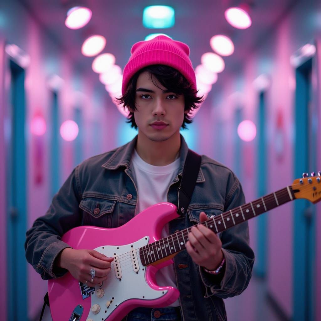 Young Man with Pink Guitar in Pastel Pop Surrealism