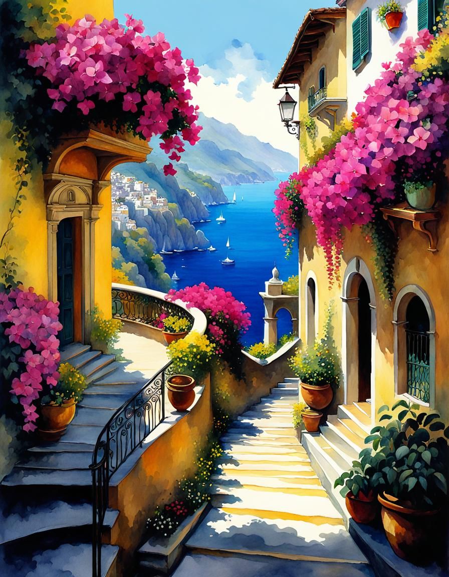 Amalfi Magical Path in Studio Ghibli Style