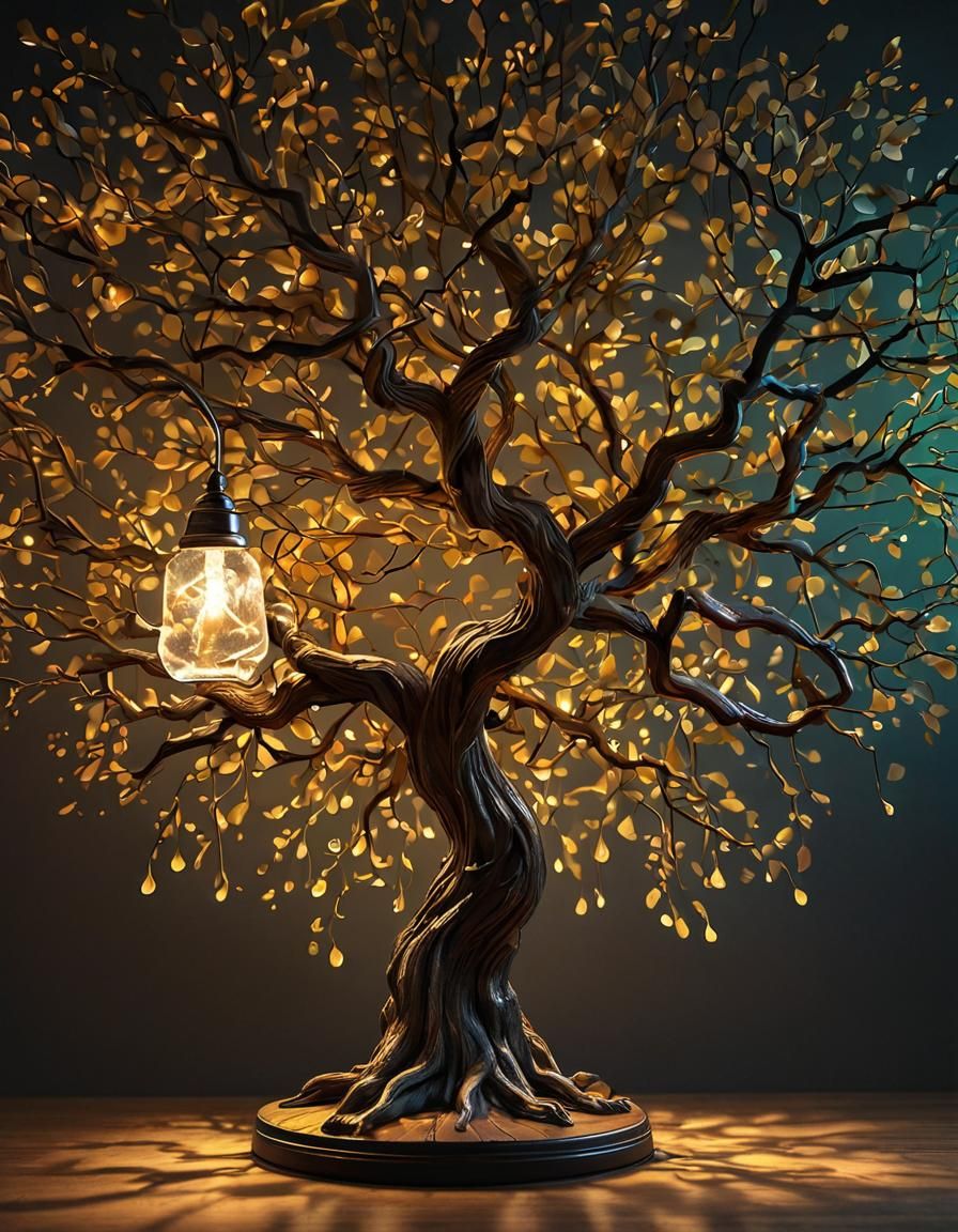 Glowing Tree Lamp in Hyperrealistic Splash Art