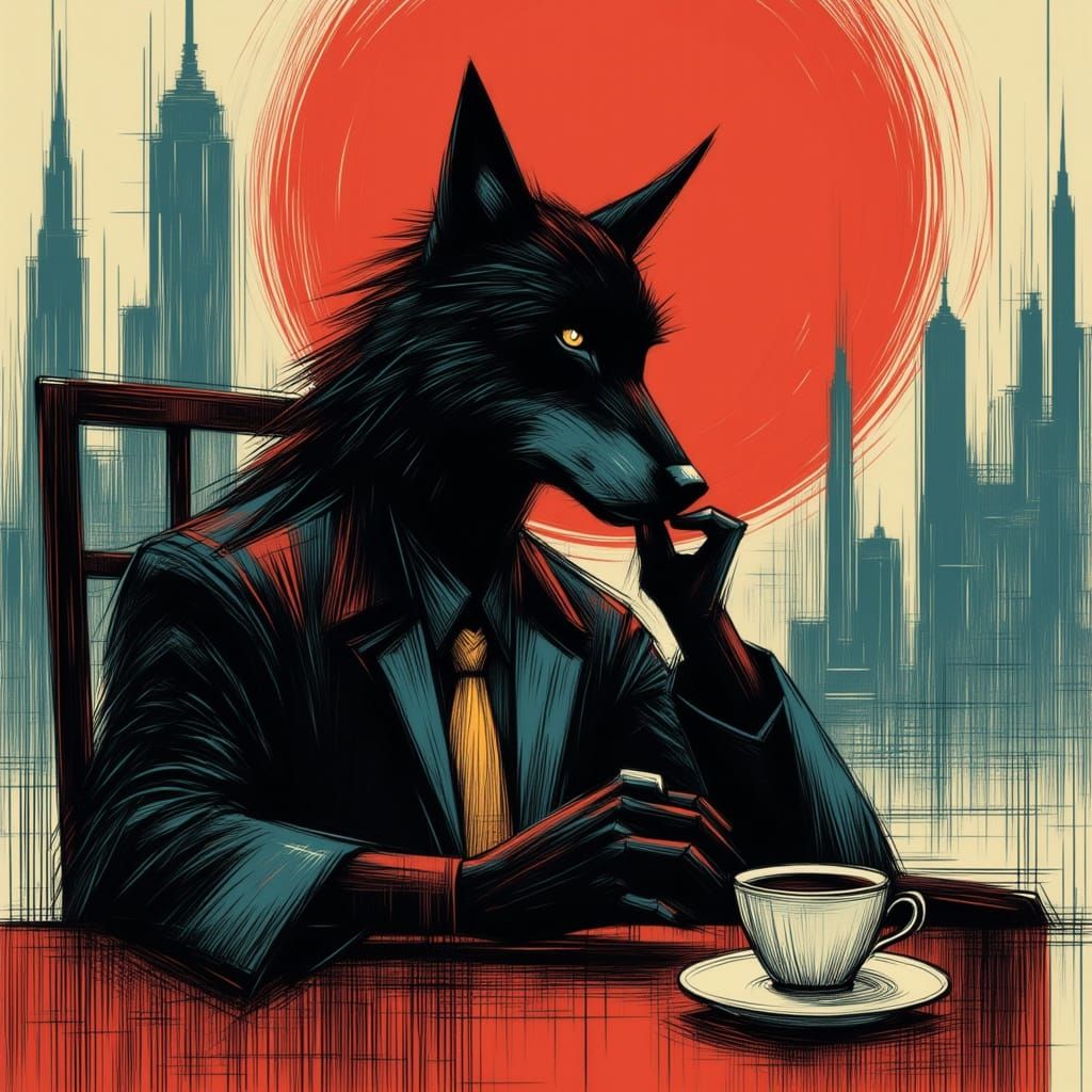Cyberpunk Wolf Enjoys Coffee in Paris