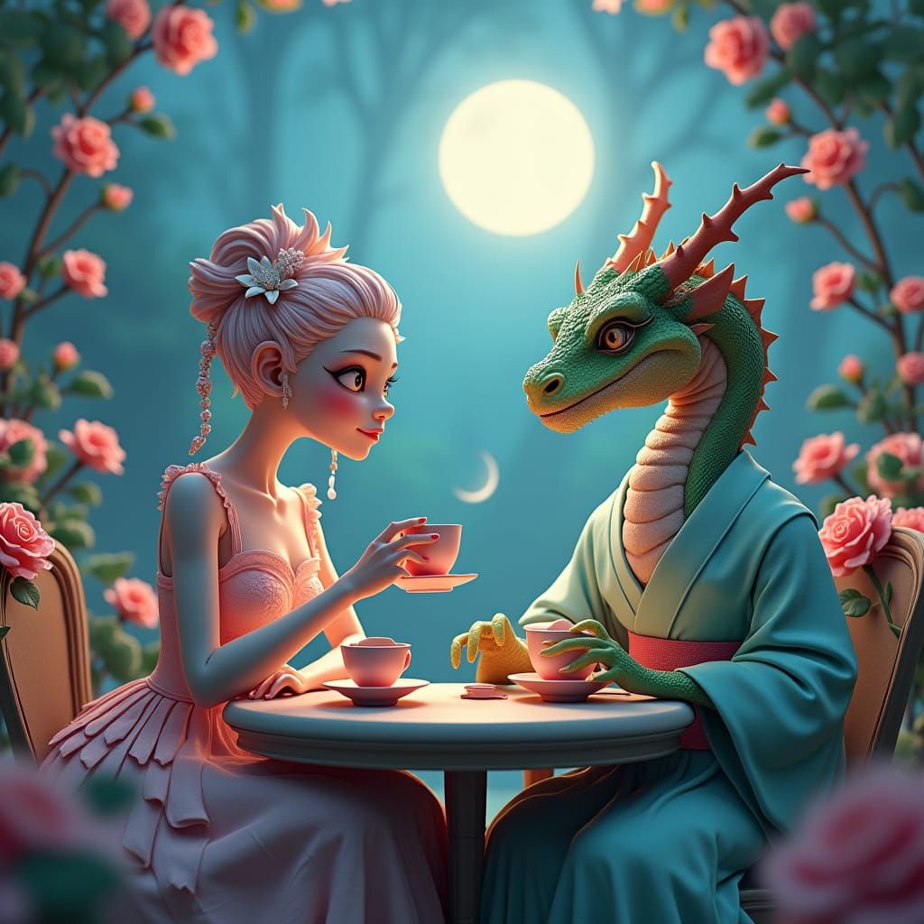 Moonlit Garden Tea Party: Anime-Style Hybrid Women