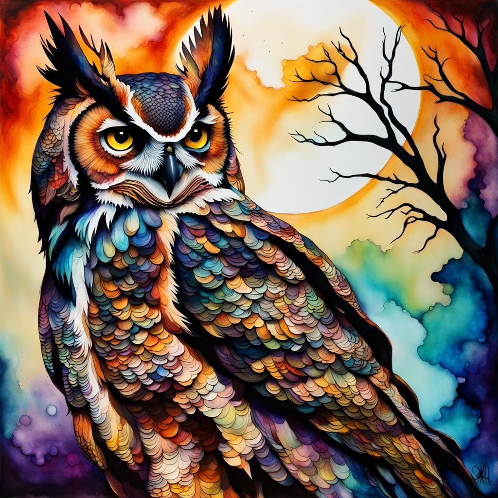 Great Horned Owl in Alcohol Ink