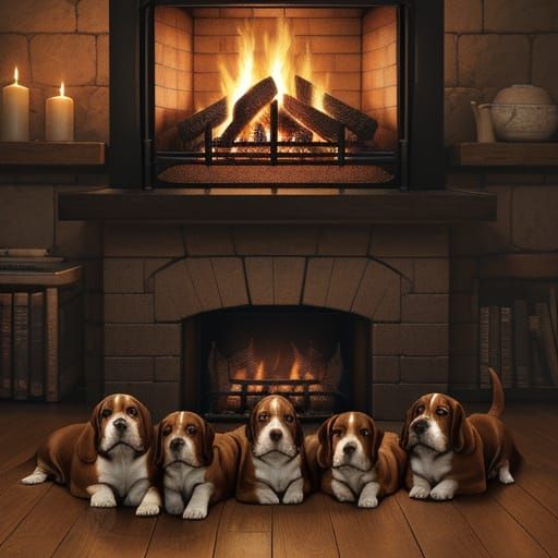 Basset Hounds by Firelight in Realistic Digital Art