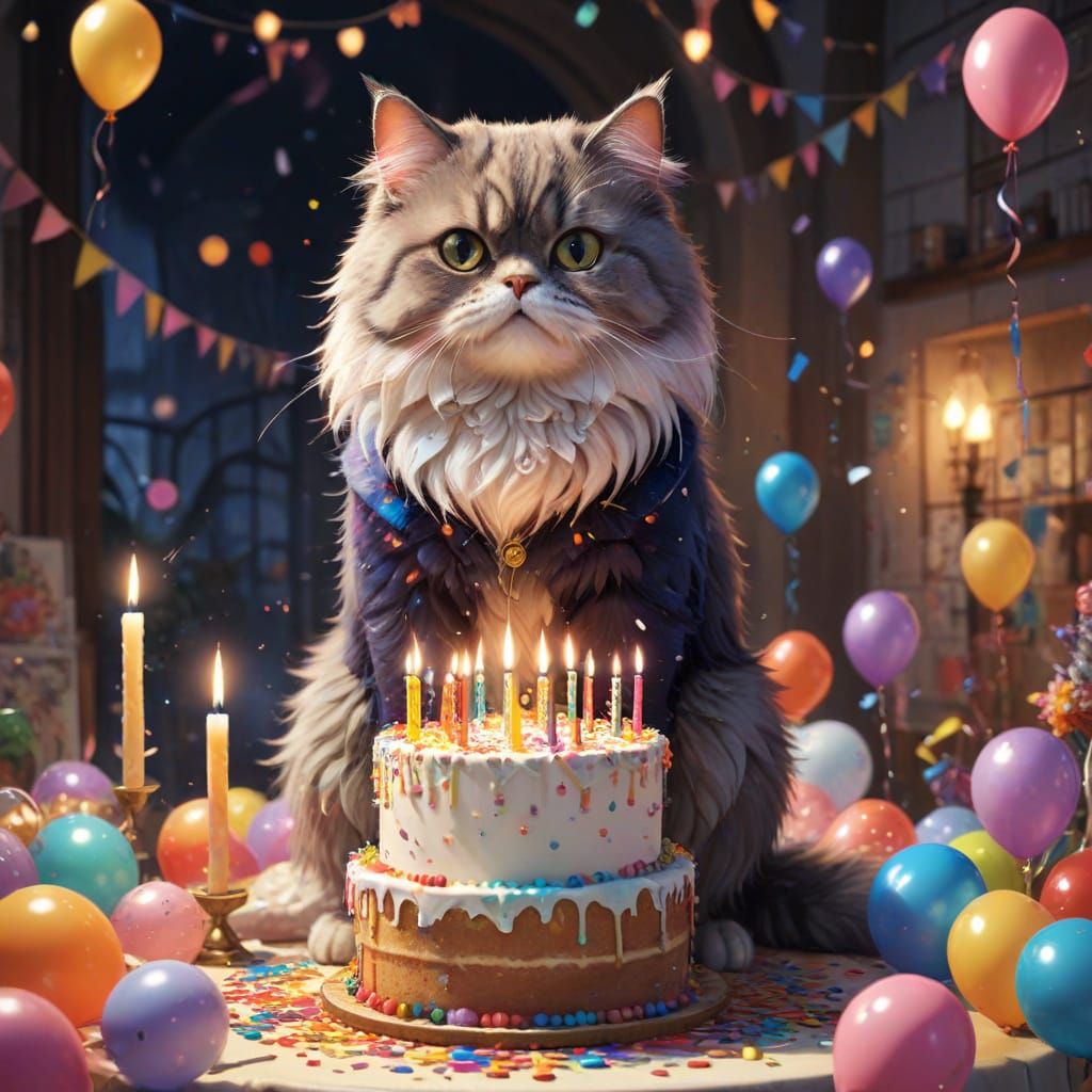 Persian Cat Celebrates Birthday in Whimsical Anime Scene