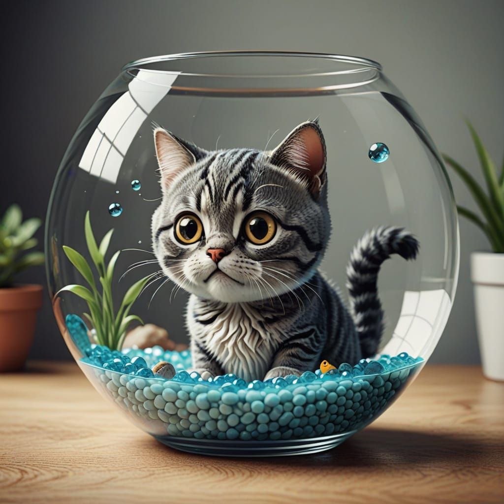 Whimsical Cartoon Cat in a Fishbowl