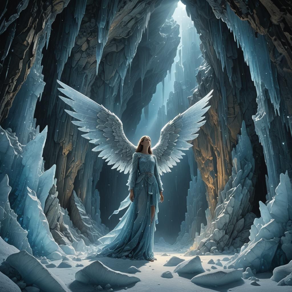 Crystallized Angel in Moonlit Cave, Surreal Matte Painting