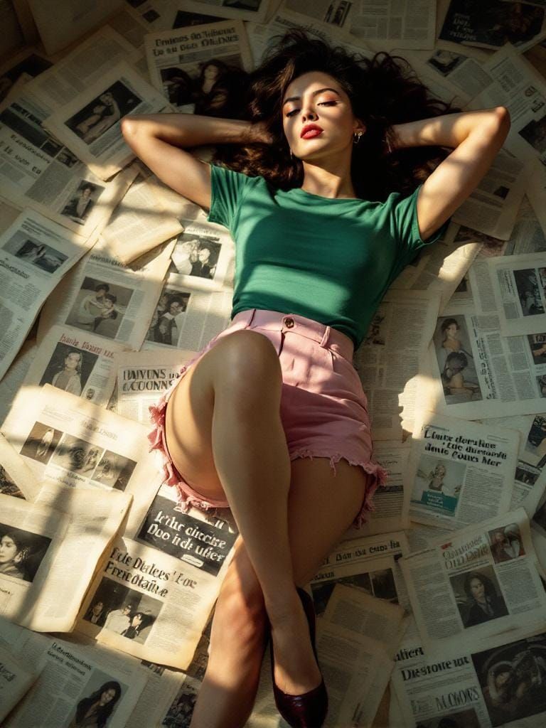 Fashion Editorial: Woman in Green Shirt on Vintage Newspaper...