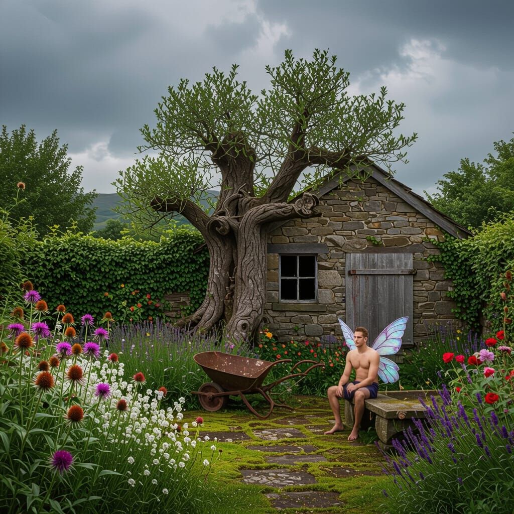 Overgrown Scottish Garden with Fairy, in Pre-Raphaelite Styl...
