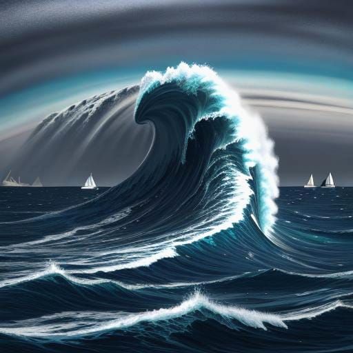 Surreal Tsunami and Tornado Over Sailboat at Night