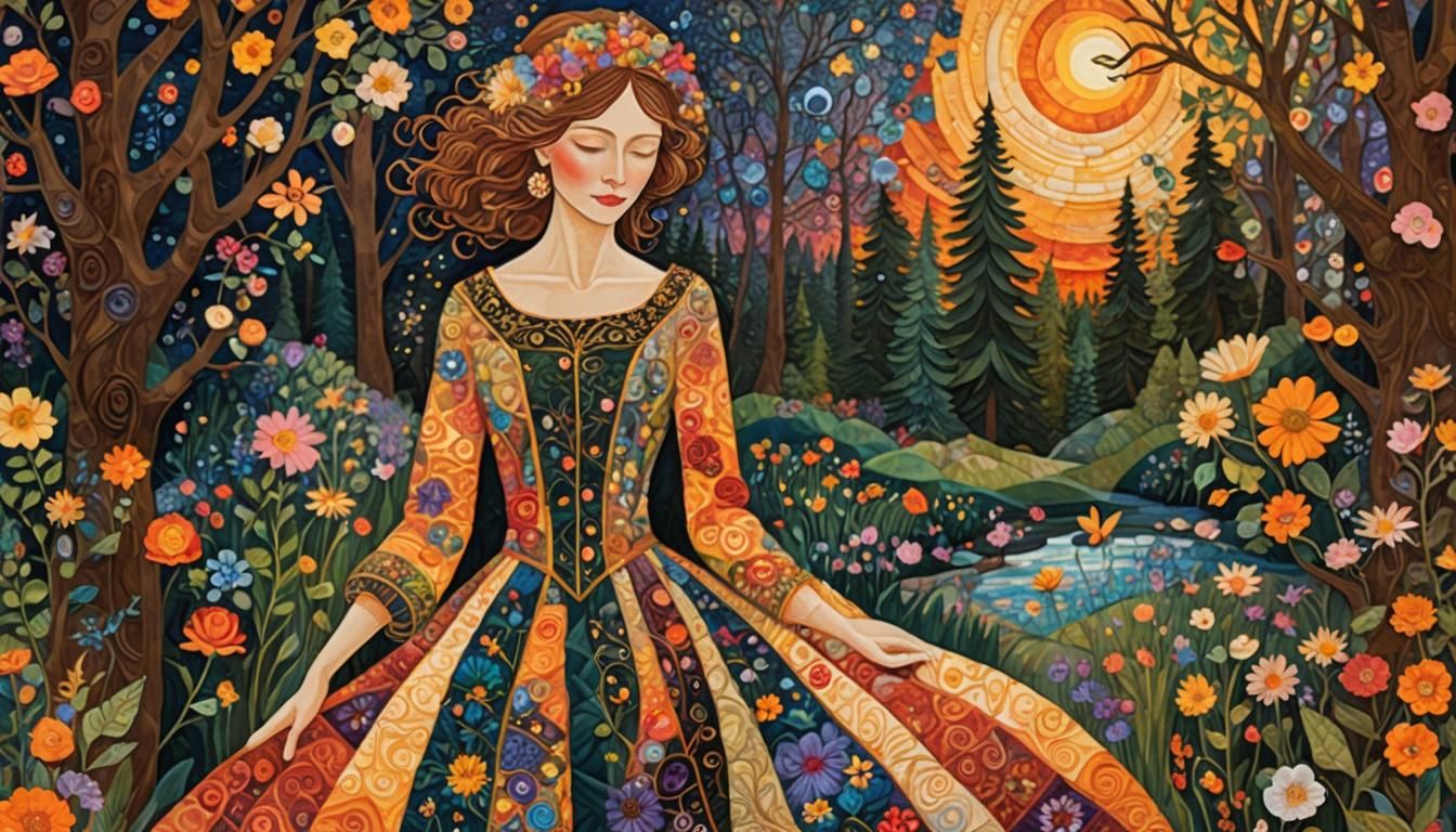 Quilted Sunset Woman in Enchanted Forest