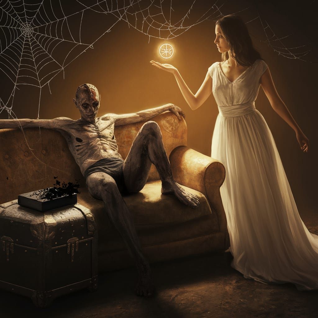 Ethereal Encounter in a Dimly Lit Hideout