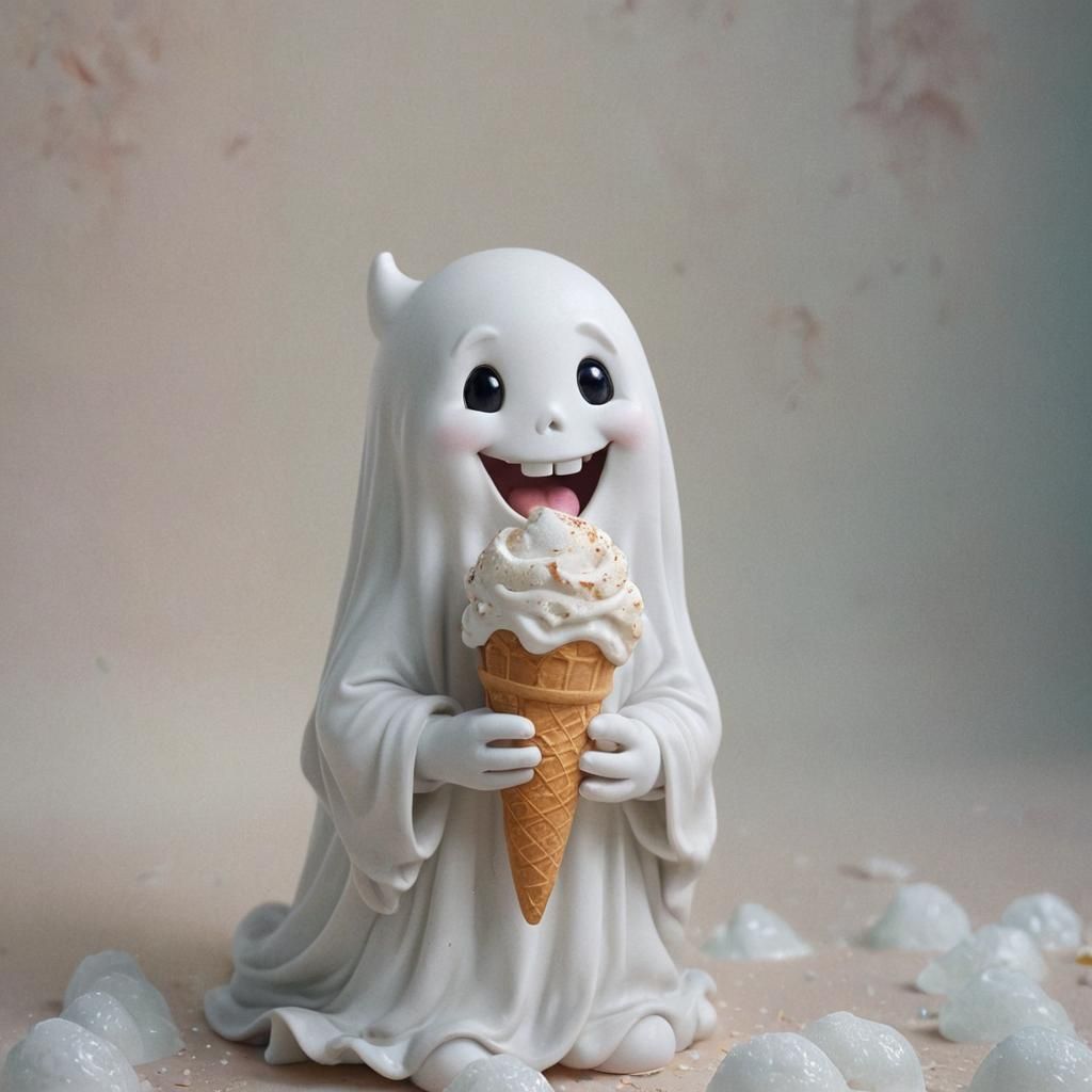 Cute Smiling Ghost Enjoys Ice Cream: Surreal Photo