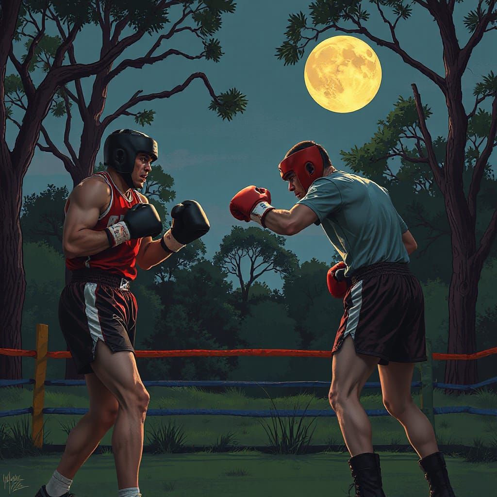 Night Boxing Match in Gritty Digital Art Style
