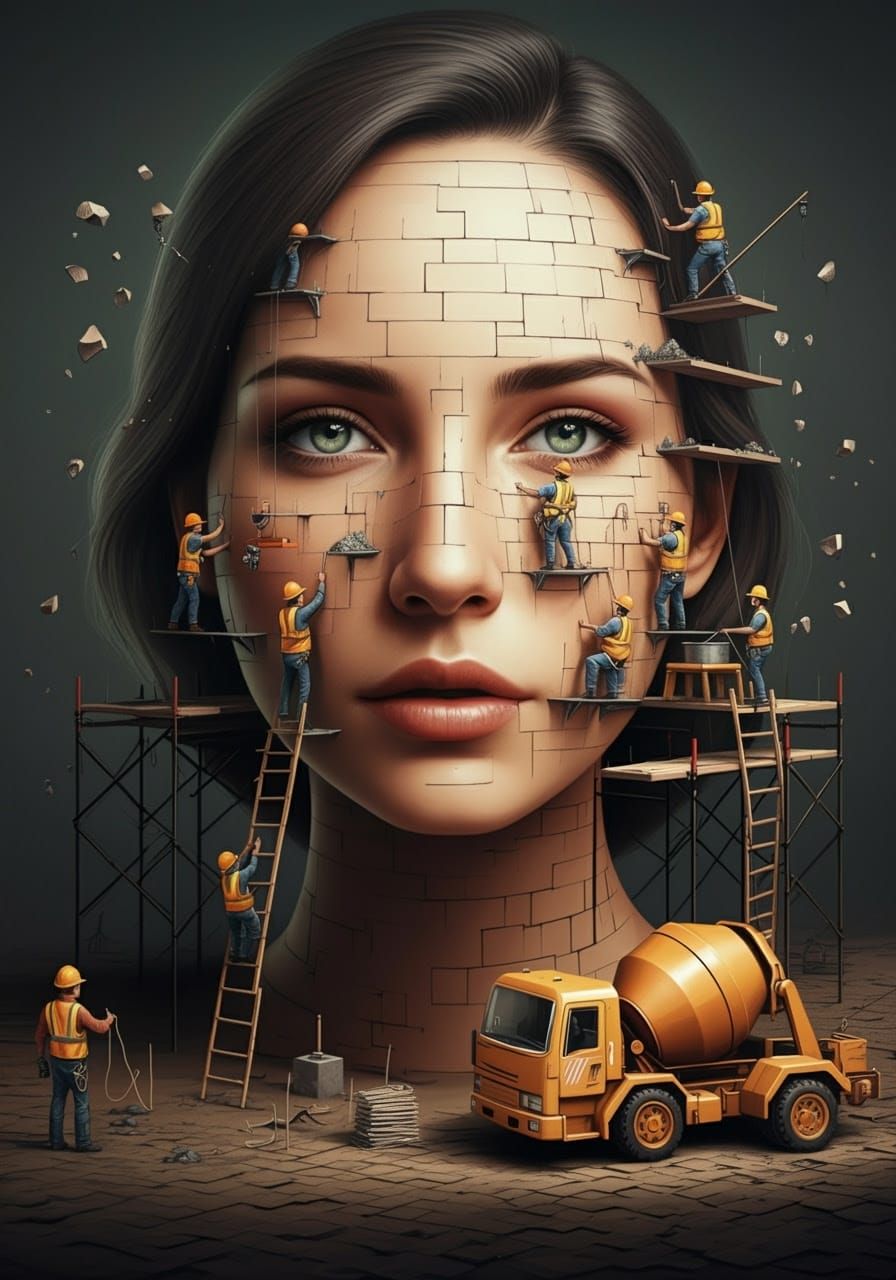 Surreal Woman's Face Assembled with Tiny Cubes