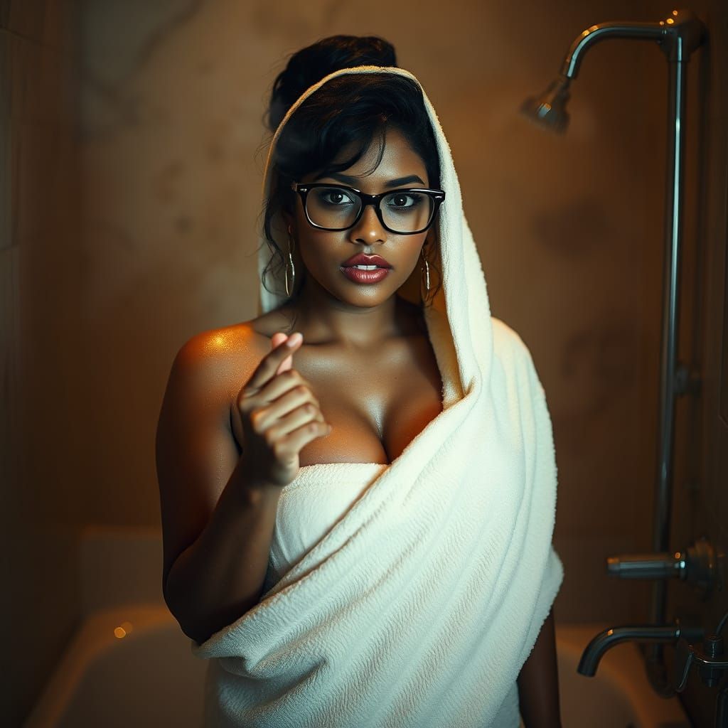 Curvy Woman in Steamy Sci-Fi Bathroom