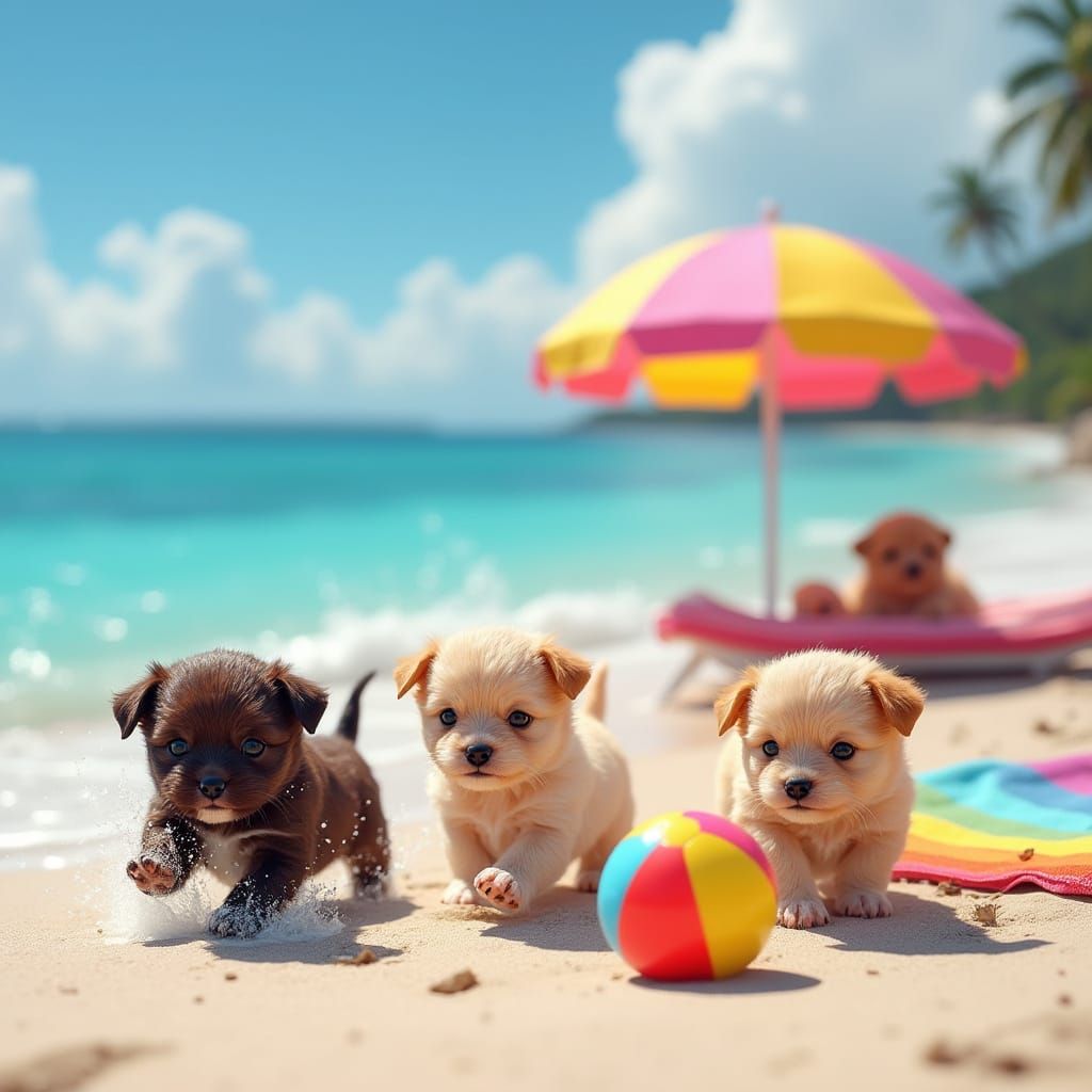 Adorable Puppies Frolic on a Sun-Kissed Beach in Vibrant Col...