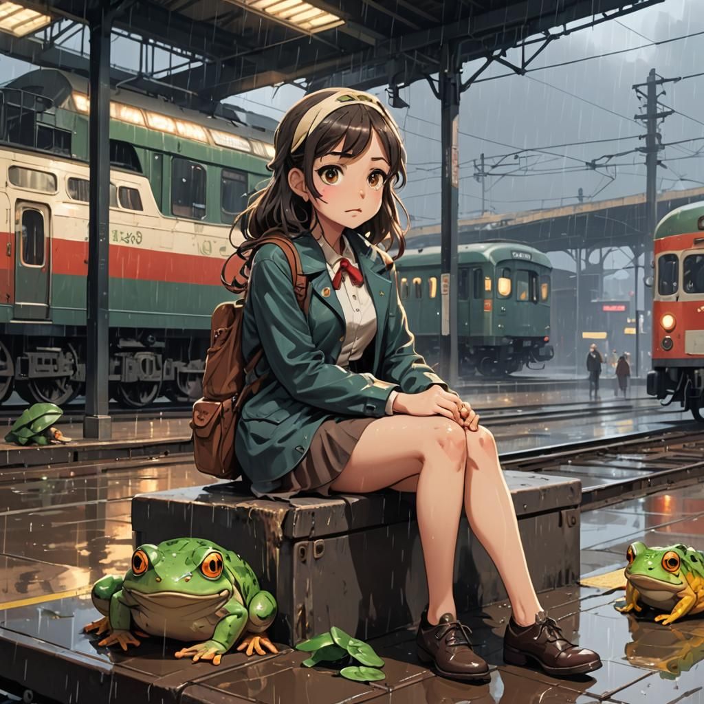 Girl and Frog at 1950s Train Station in Anime Style