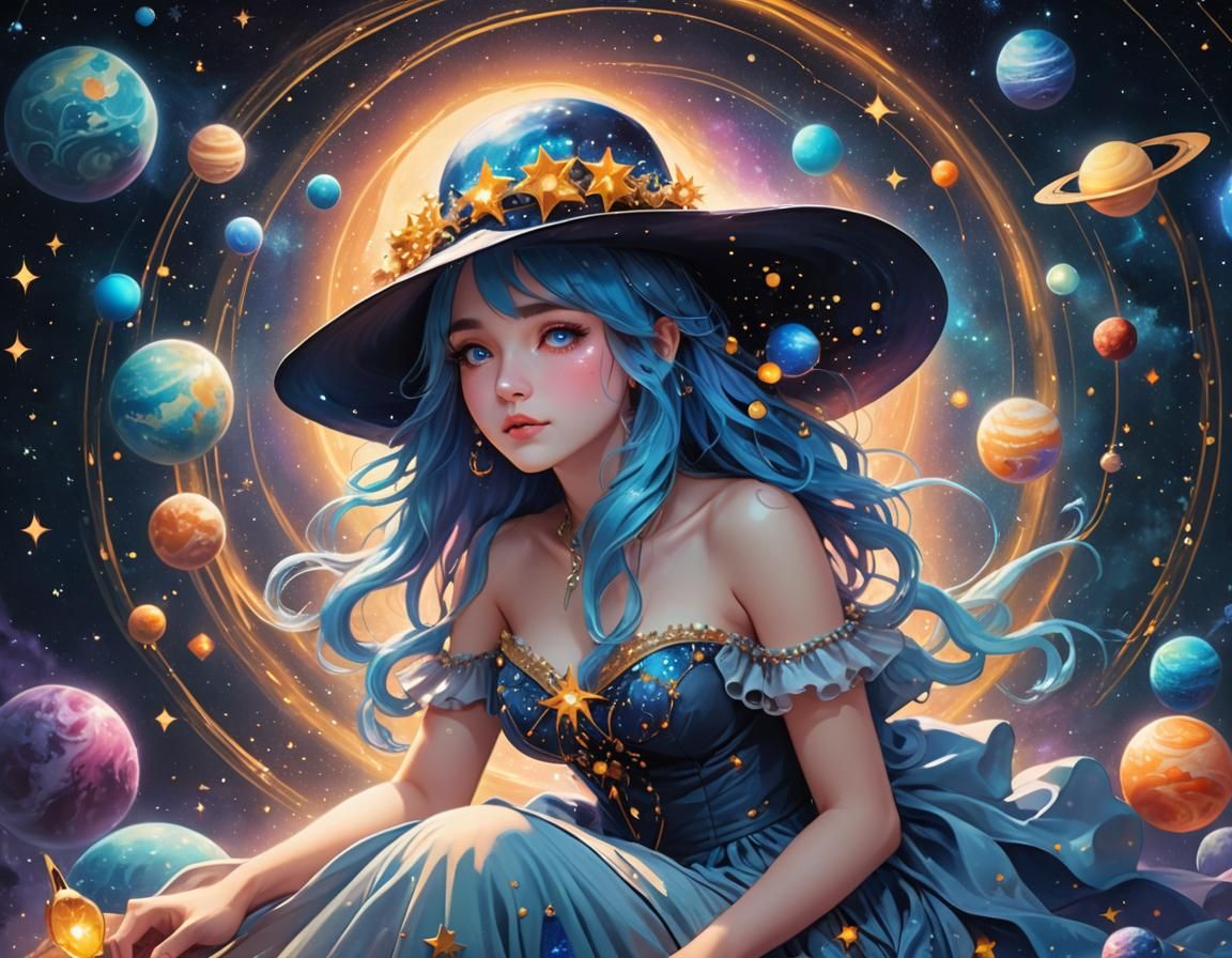 Girl in Galaxy Top-Hat: Expressionist Digital Art