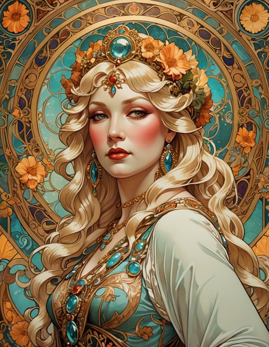 Mae West as Roman Goddess in Art Nouveau Style