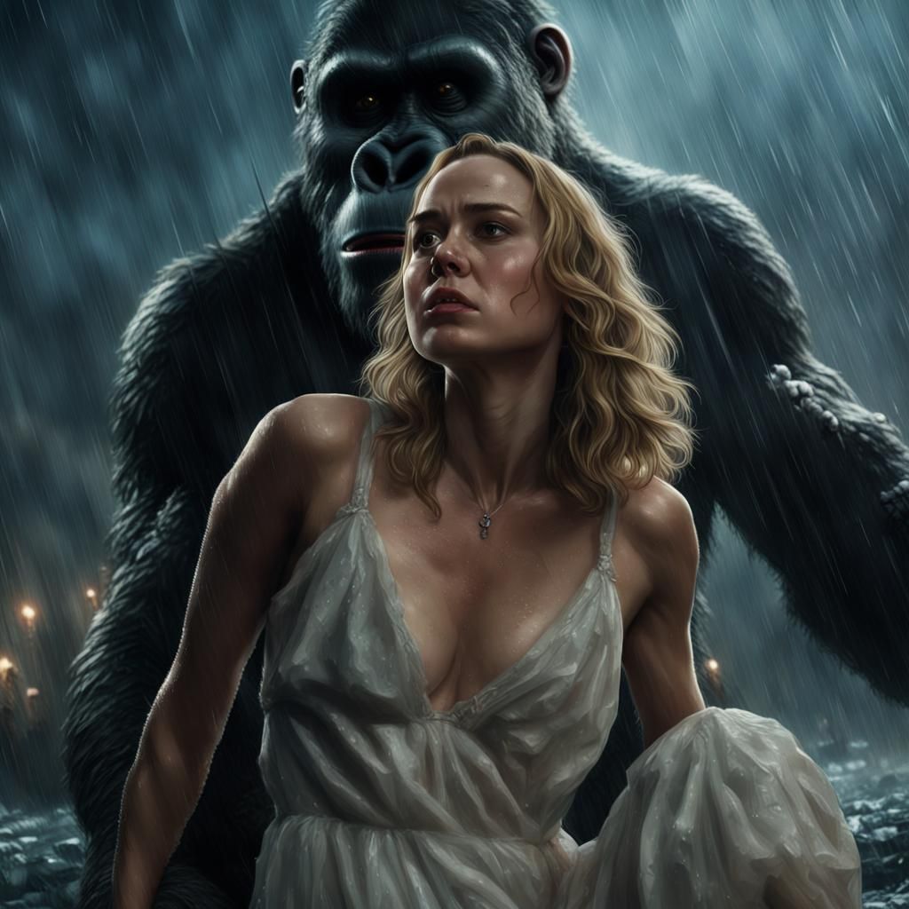 King Kong Holds Actress in Rainy Night
