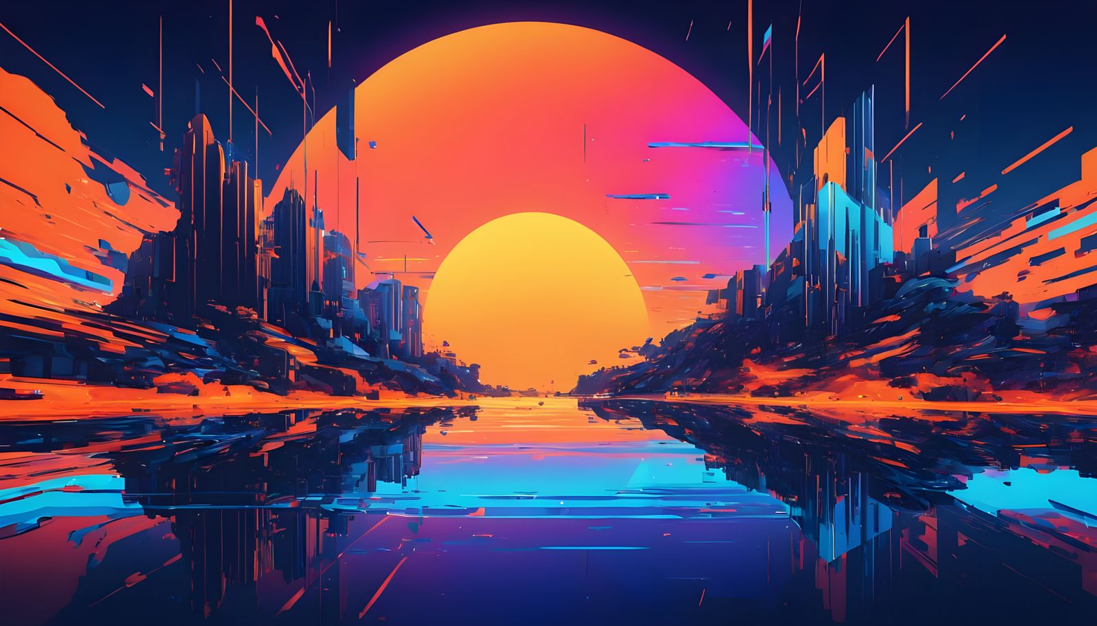 Glitched Summer Sunset in Liquid Chrome
