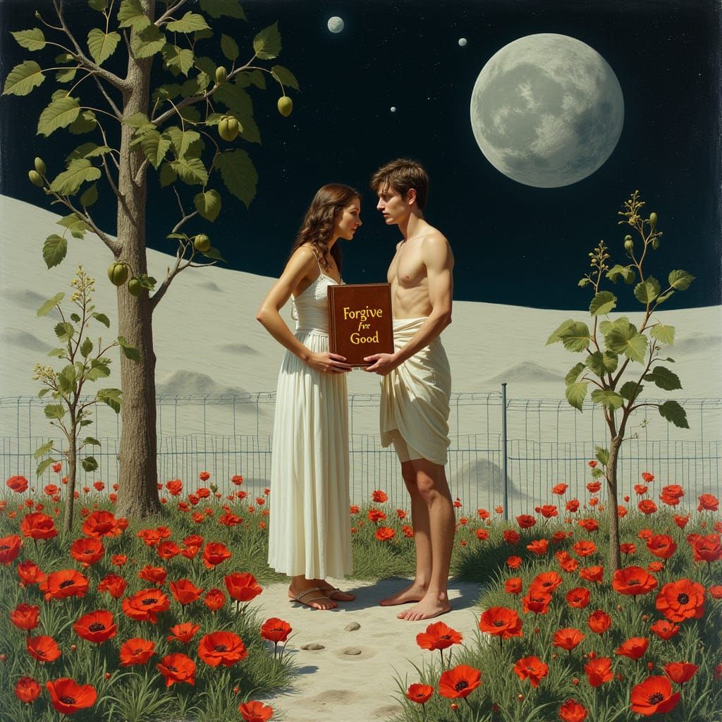 Serene Lunar Garden Scene with Adam and Eve