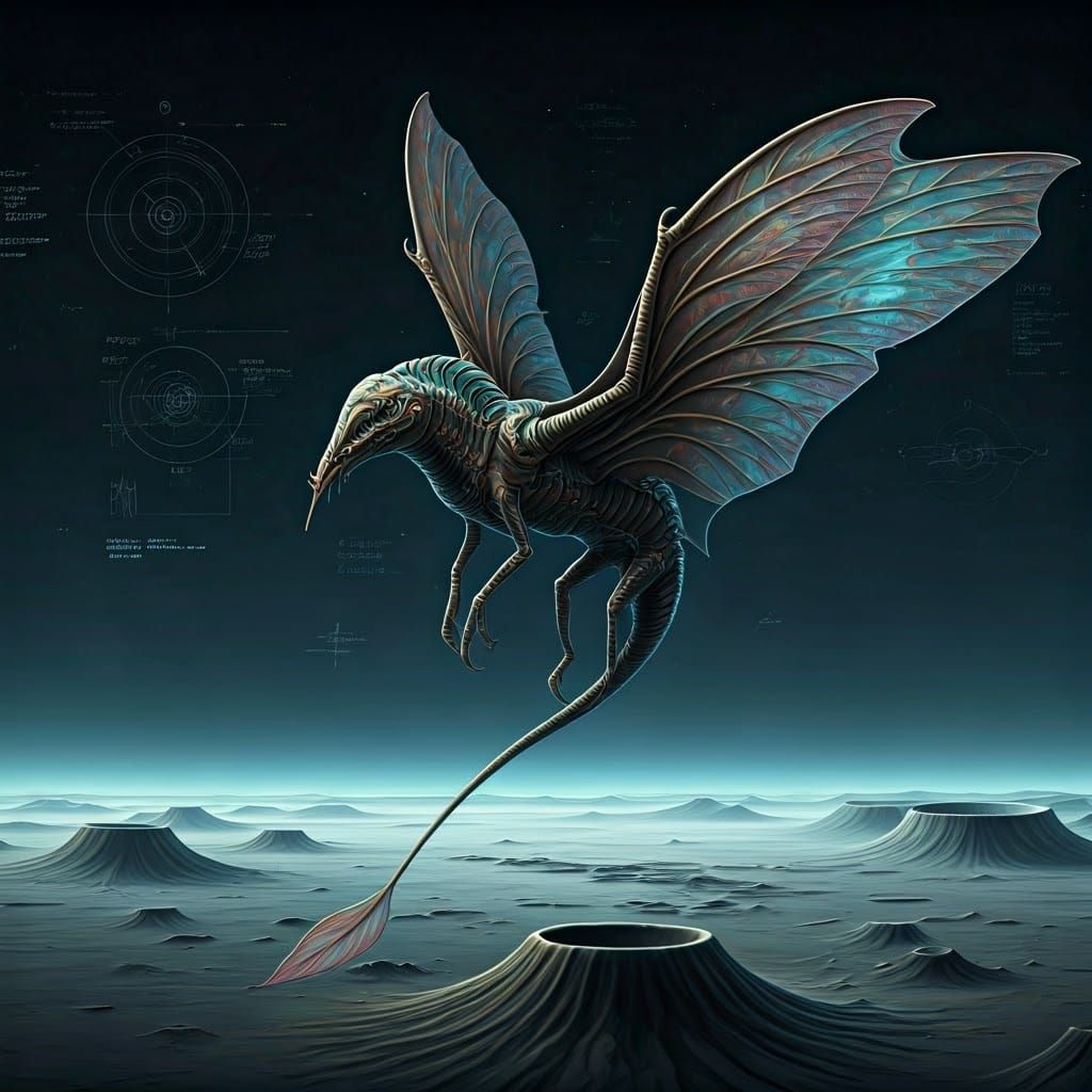 Alien Creature with Iridescent Wings and Bioluminescent Mark...