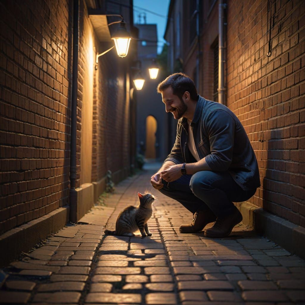 Man Interacting with Cat in Alleyway