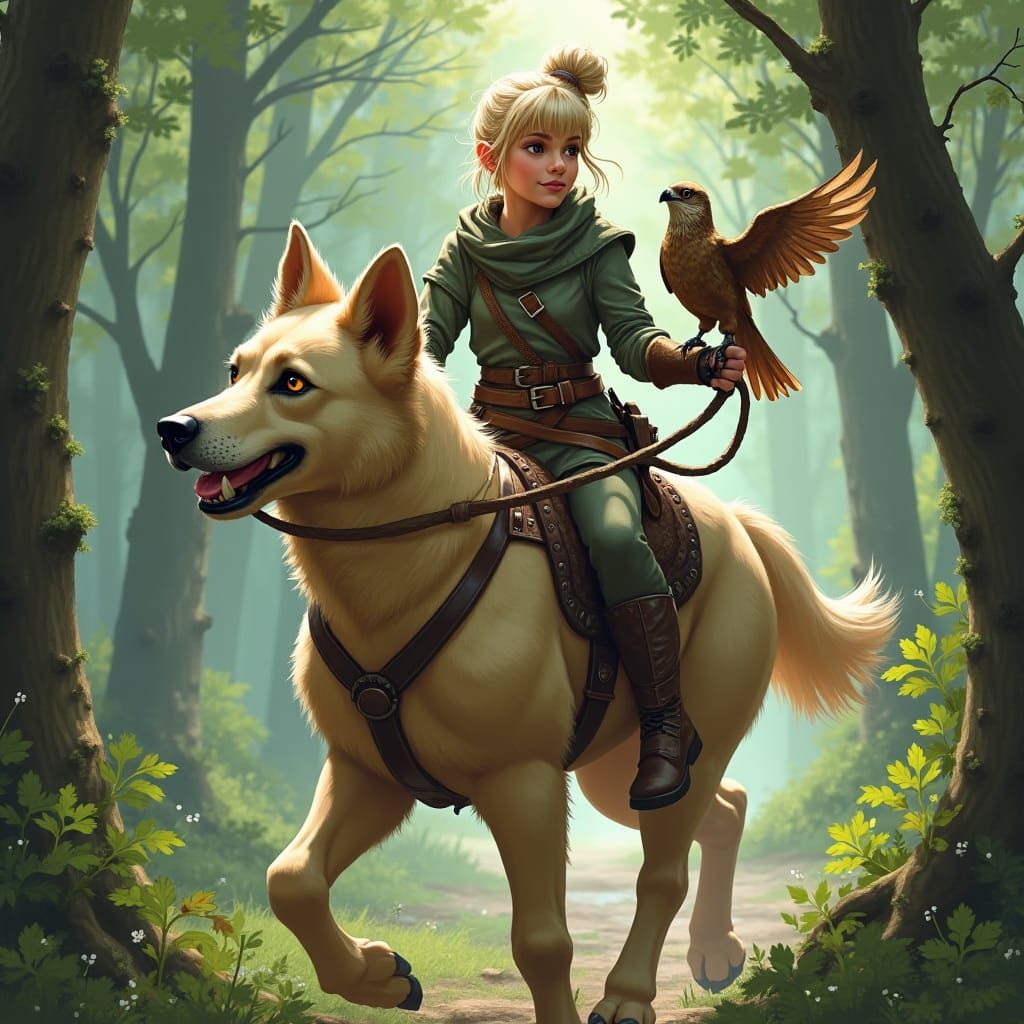 Halfling Ranger Rides Mastiff Through Fantasy Forest
