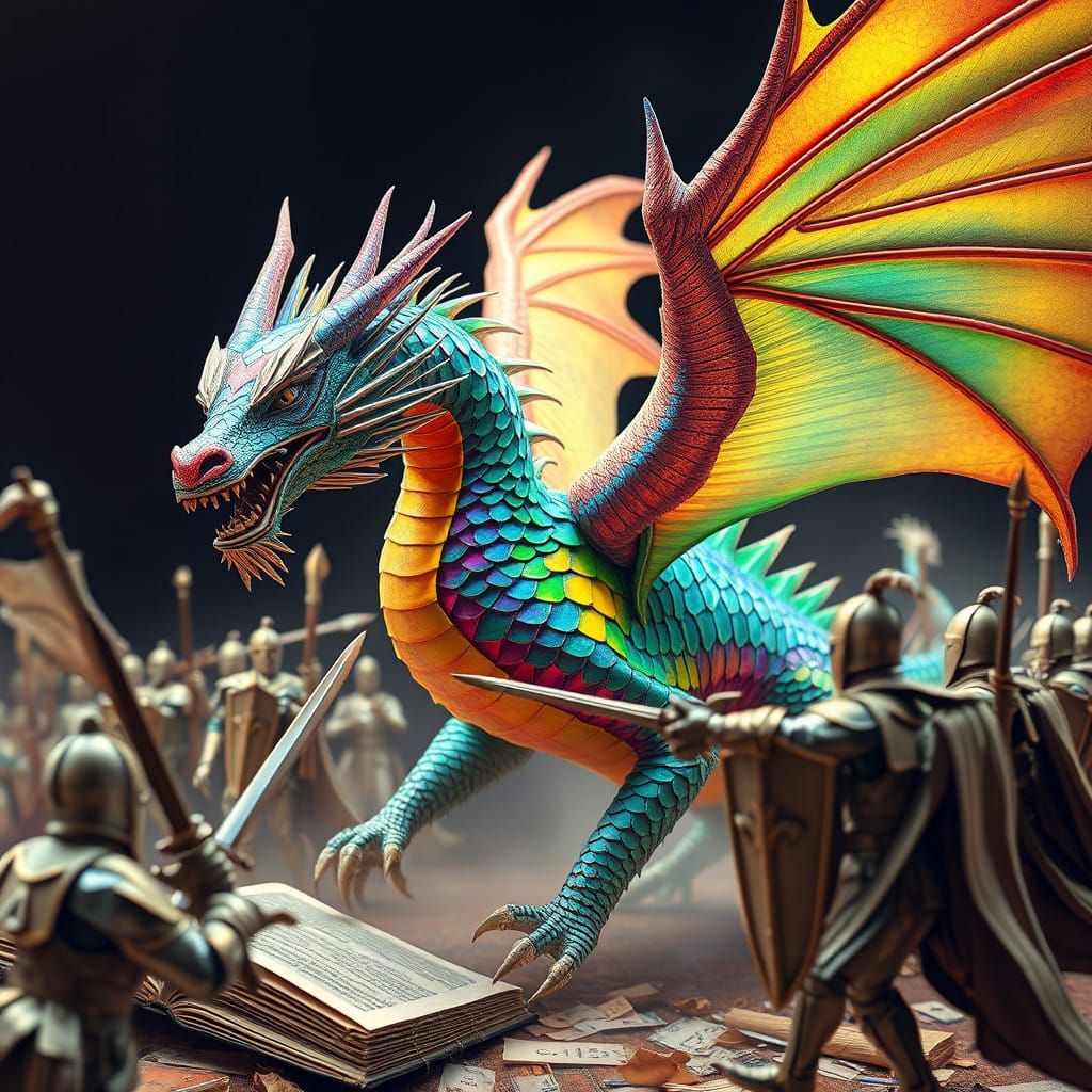 Majestic Rainbow Dragon Battles Paper Knights in Whimsical W...