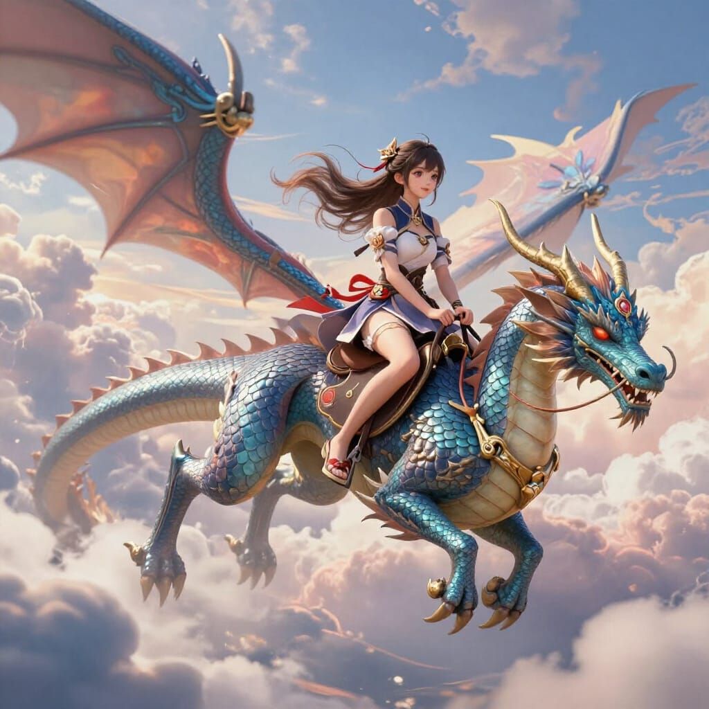 Woman Rides Dragon in Vibrant Anime Sky