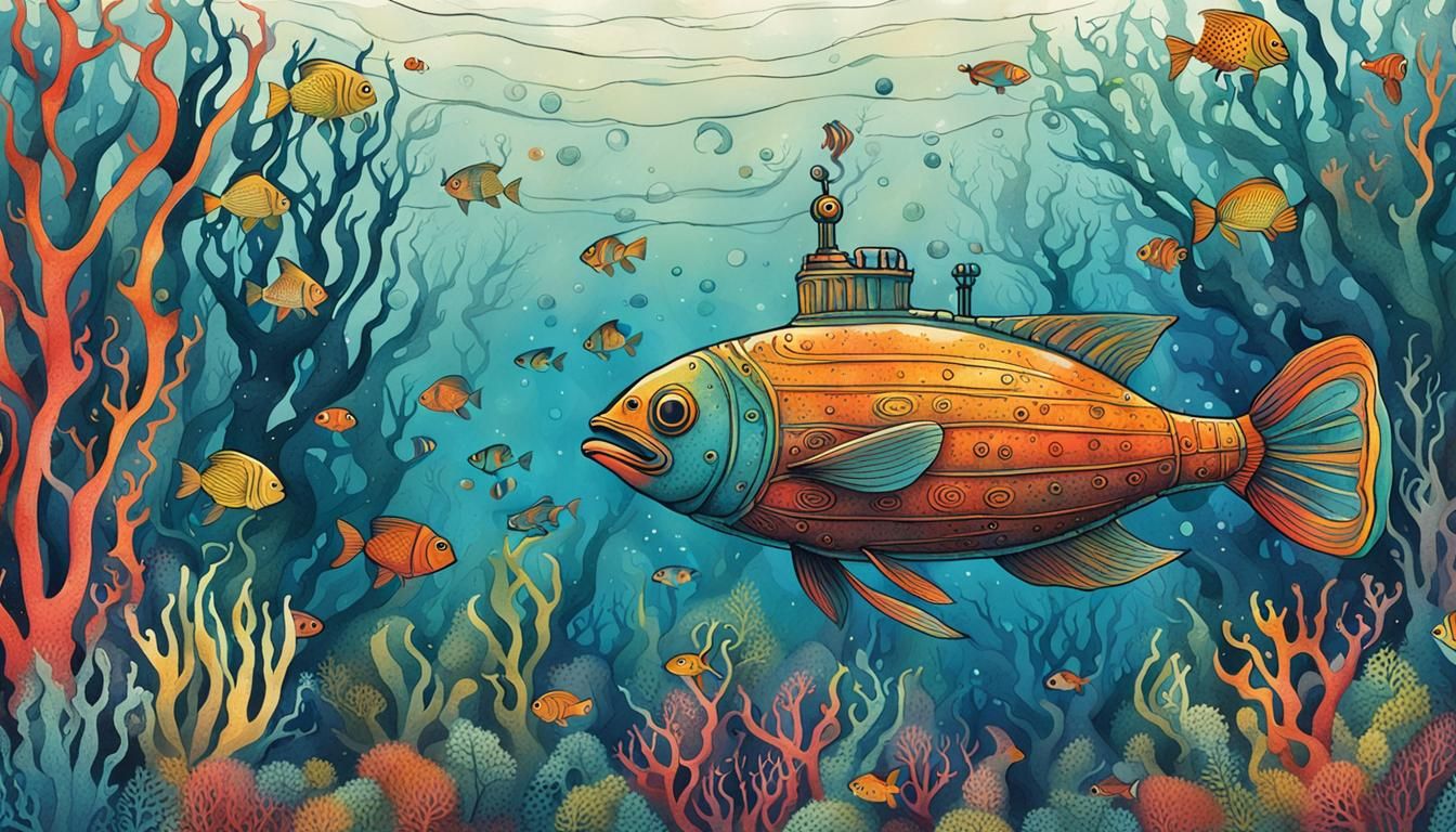 Fish Submarine in Underwater Kelp Forest Poster