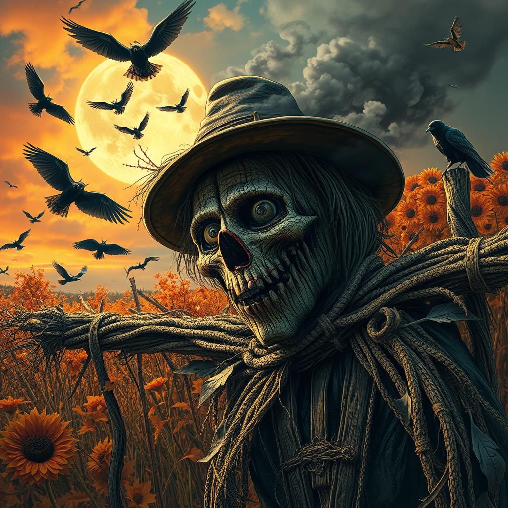 Hyperrealistic Scarecrow in Autumn Harvest Scene