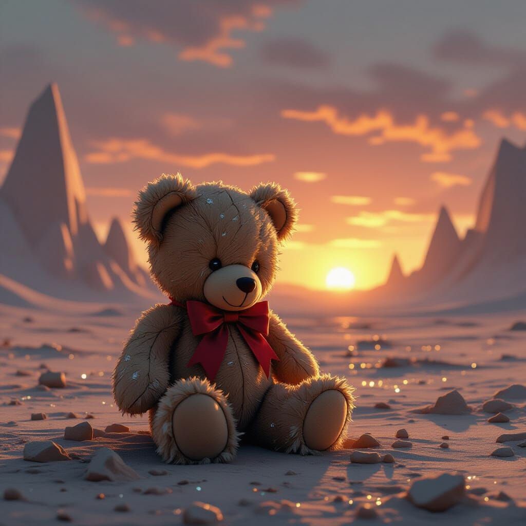Lost Teddy Bear on Alien Planet in Realism Style