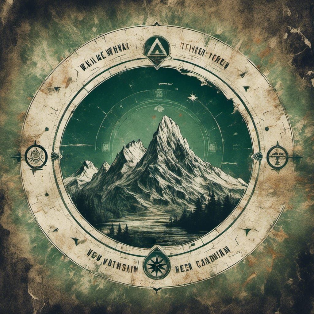 Mountain Logo with Compass, Sun, and Clouds