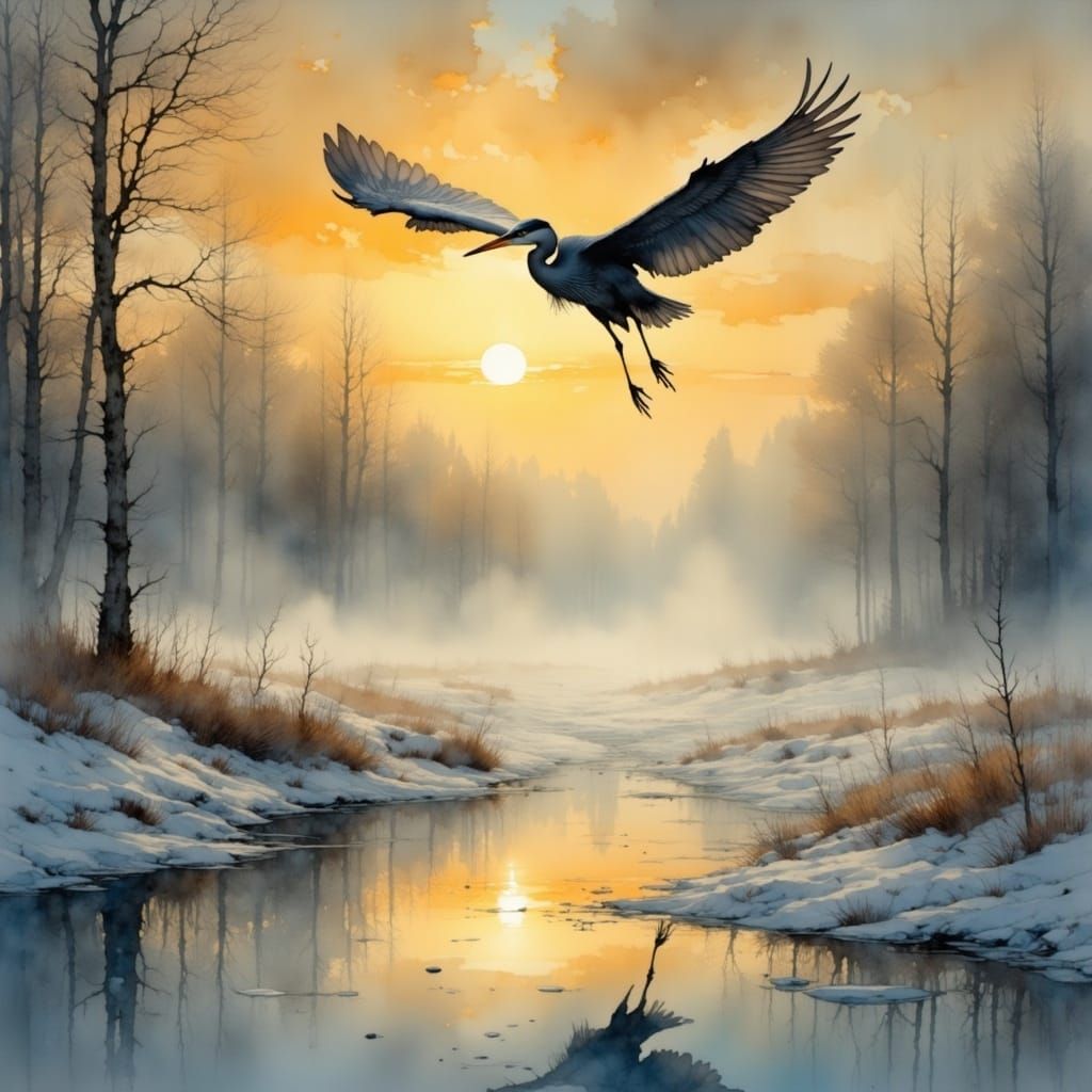 Heron Soaring Over Frozen Landscape in Impressionist Style