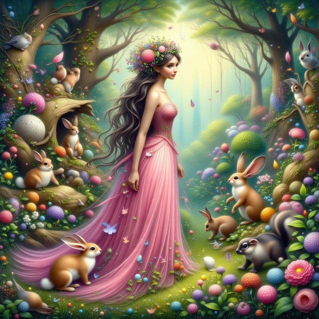 Fairy Surrounded by Woodland Animals in Whimsical Forest
