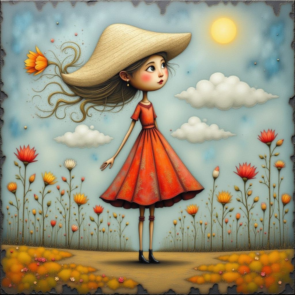 Whimsical Wanderer in Distressed Abstract Painting