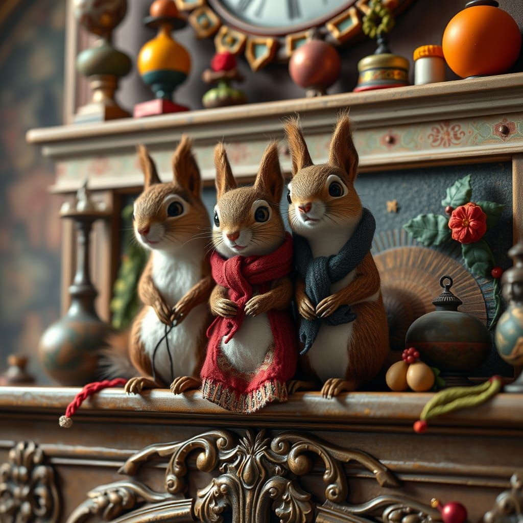 Squirrel Friends on a Fireplace Mantle in Hyperrealistic Sty...