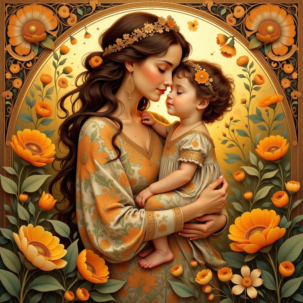 Motherly Love in Folk Art Nouveau Style