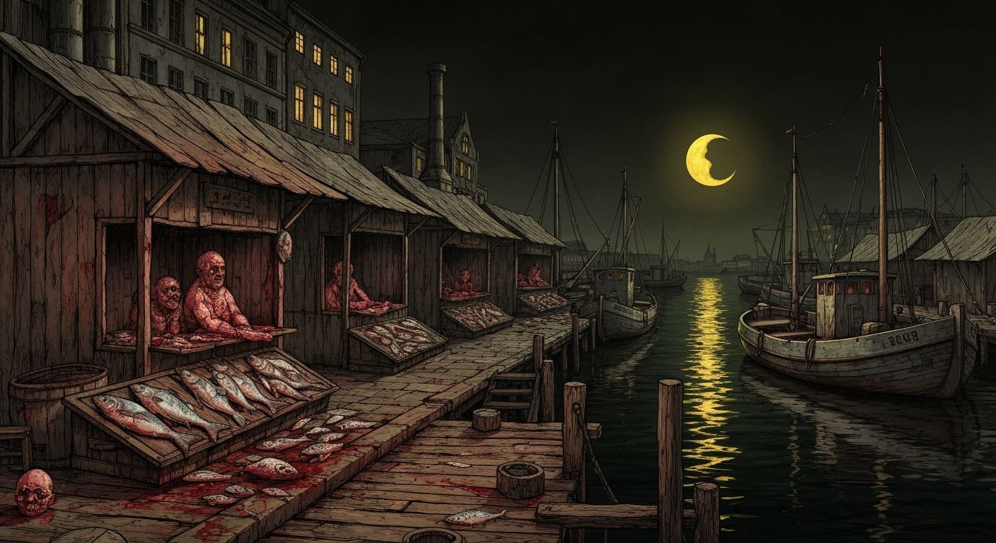 German Expressionist Dada Satire of Empty Night Fish Market