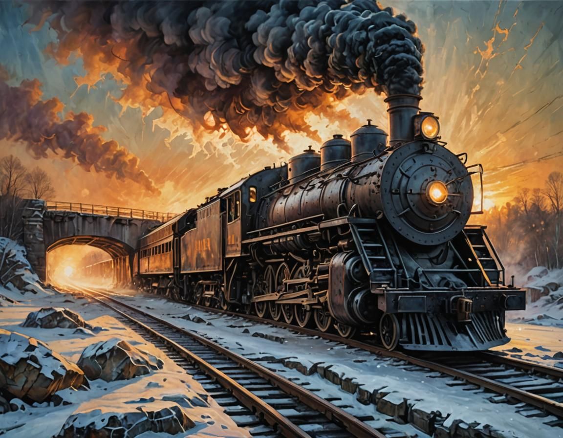 Steam Locomotive on Bridge: Acrylic Painting with Warm Light...