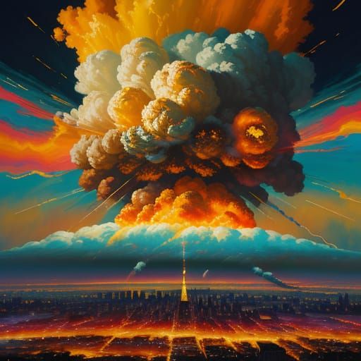 Nuclear Explosion in New York as Impasto Oil Painting