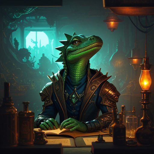 Mystical Lizardfolk Alchemist in Vibrant, Iridescent Laborat...
