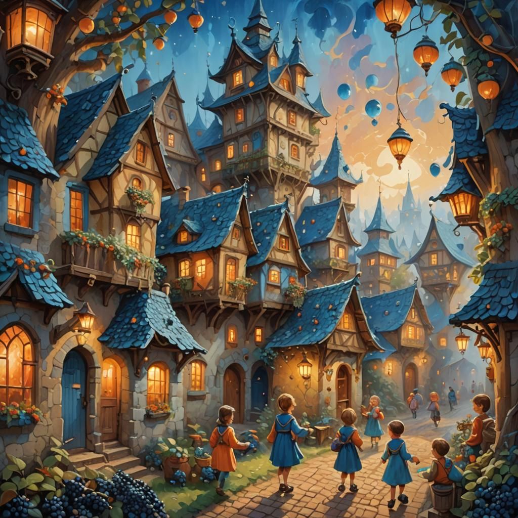 Whimsical Village Festival: Children Enjoying Blueberries